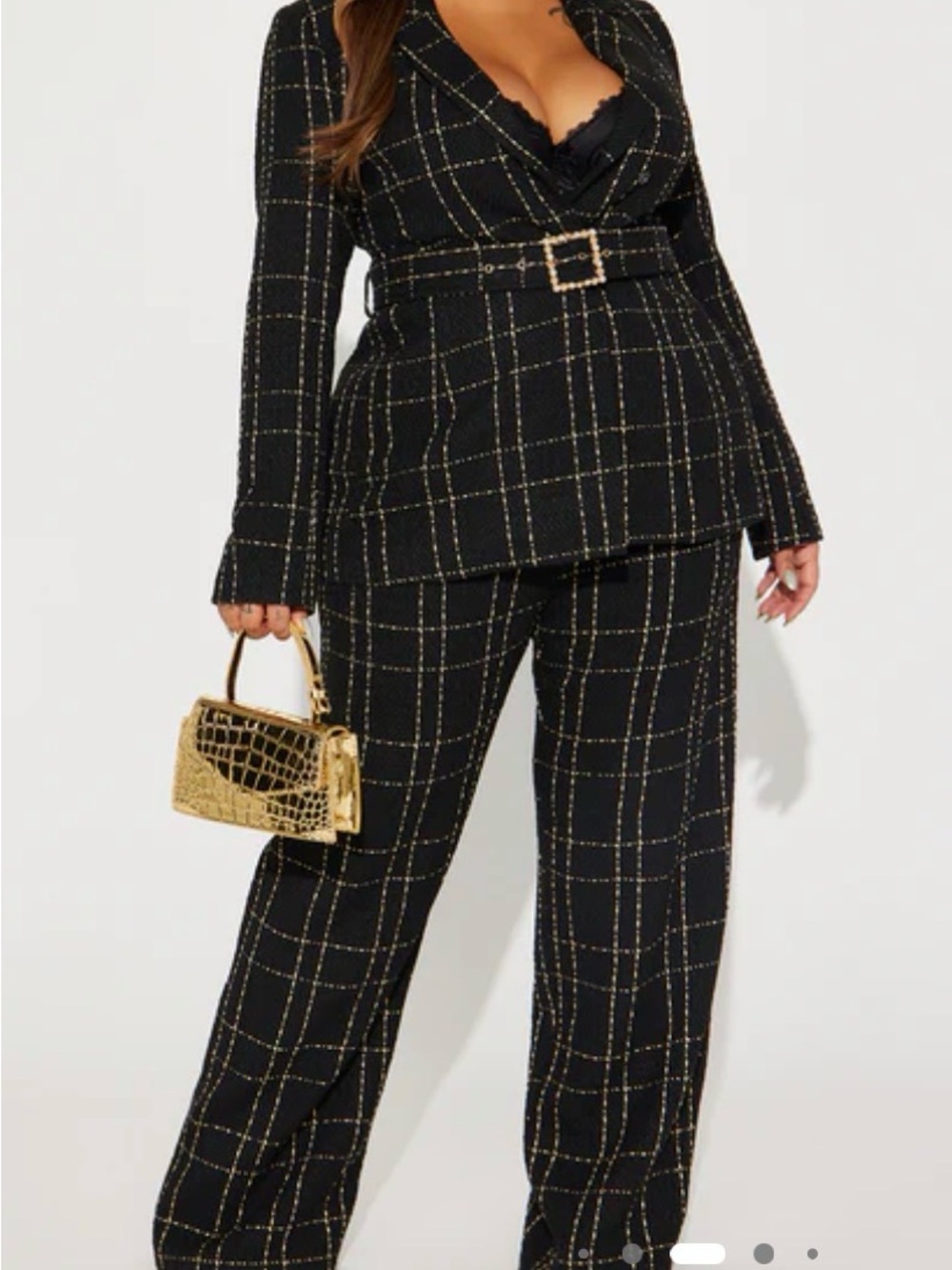 Fashion Nova Black Suit Set with Gold Windowpane Plaid